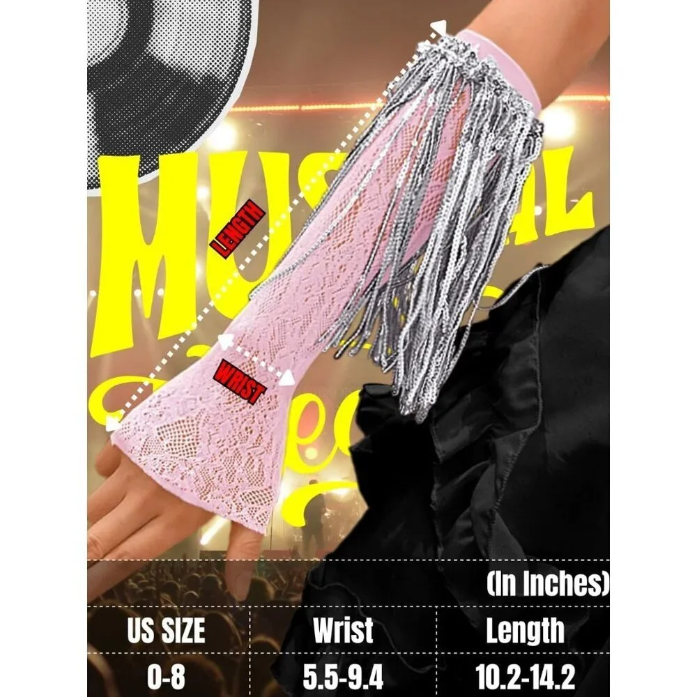 Women's Sparkly Sequin Pink Fingerless Fringe Lace Arm Sleeves Party Gloves